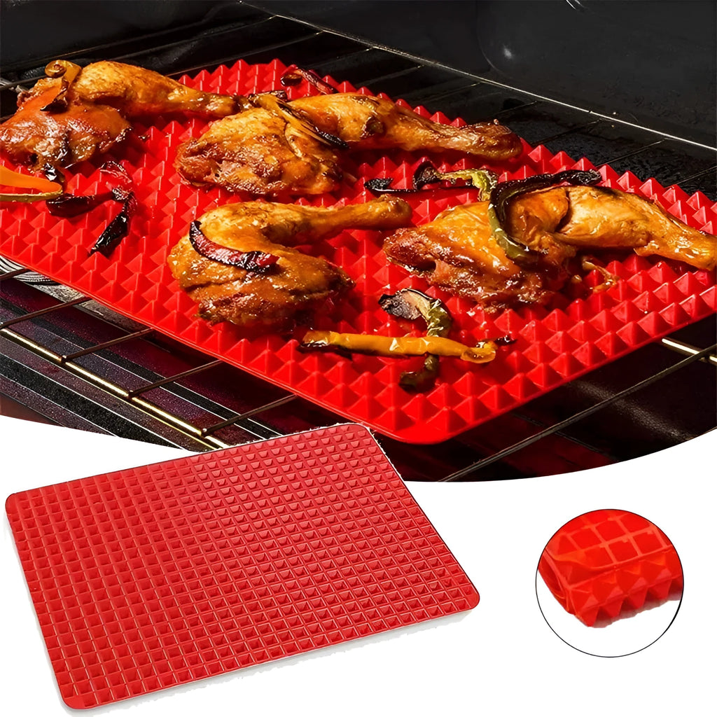Red silicone pyramid grid cooking mat on a kitchen countertop.