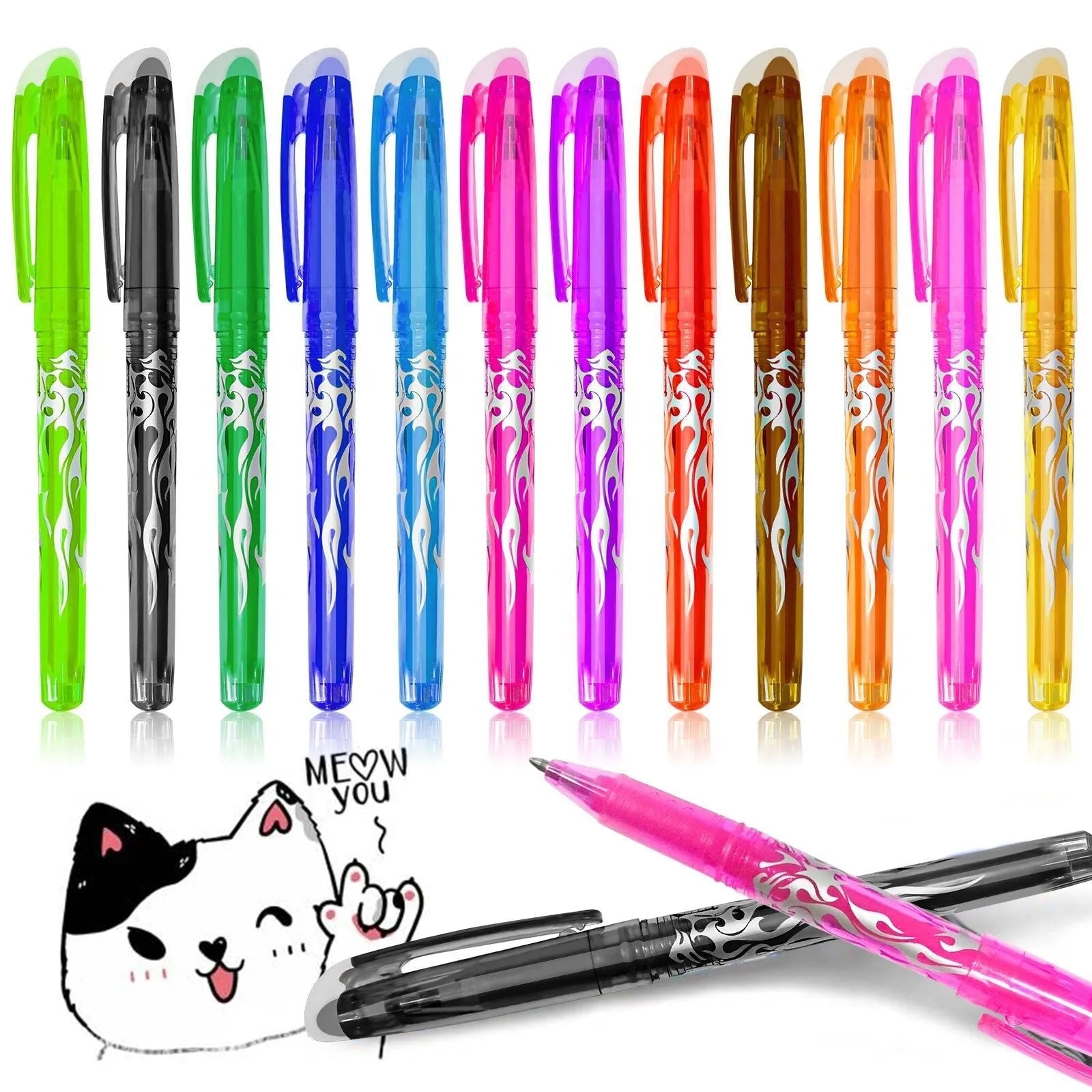Heat-erasable gel pen set with plastic shells and stainless steel nibs in 0.5mm or 0.7mm sizes