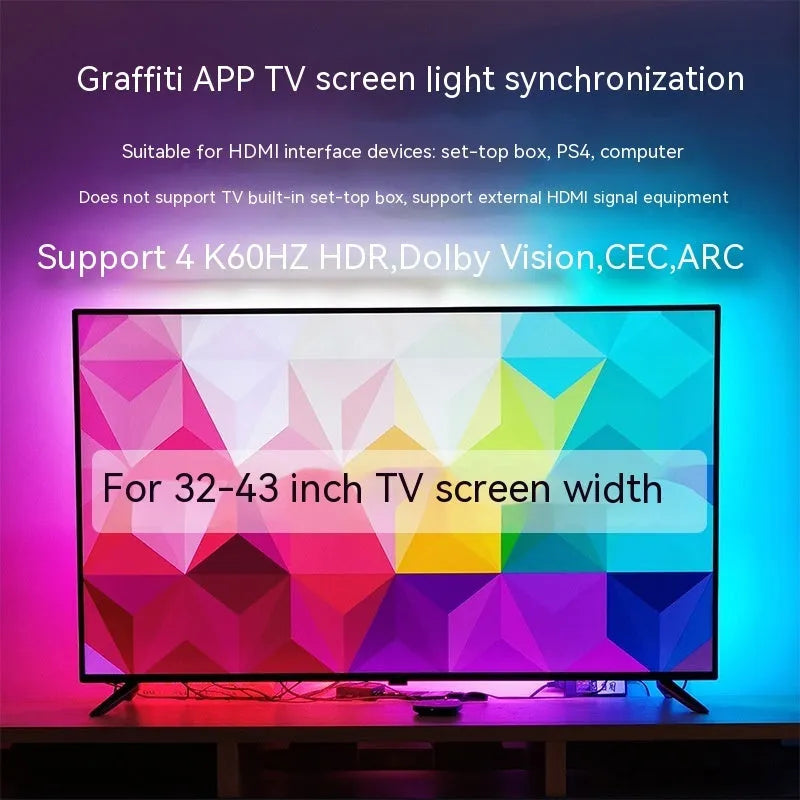 TV ambience light strip with colourful LEDs mounted behind a television screen.