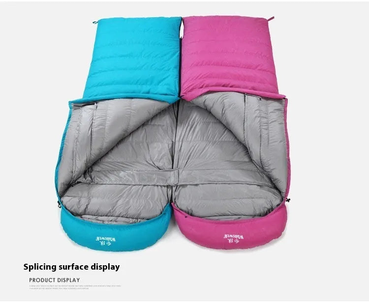 Black outdoor sleeping bag with white goose down fill and envelope construction.