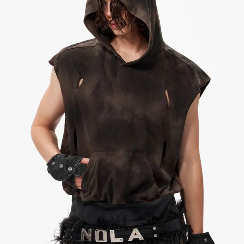 Khaki coloured short-sleeved cotton hood vest for youth, shown on a hanger.