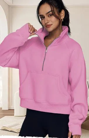 Women's loose lapel fleece-lined sweater in apricot colour with raglan sleeves