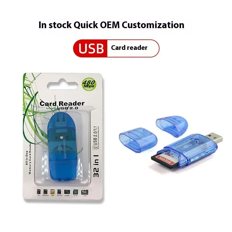 Transparent plastic USB card reader with LED light on a desk.