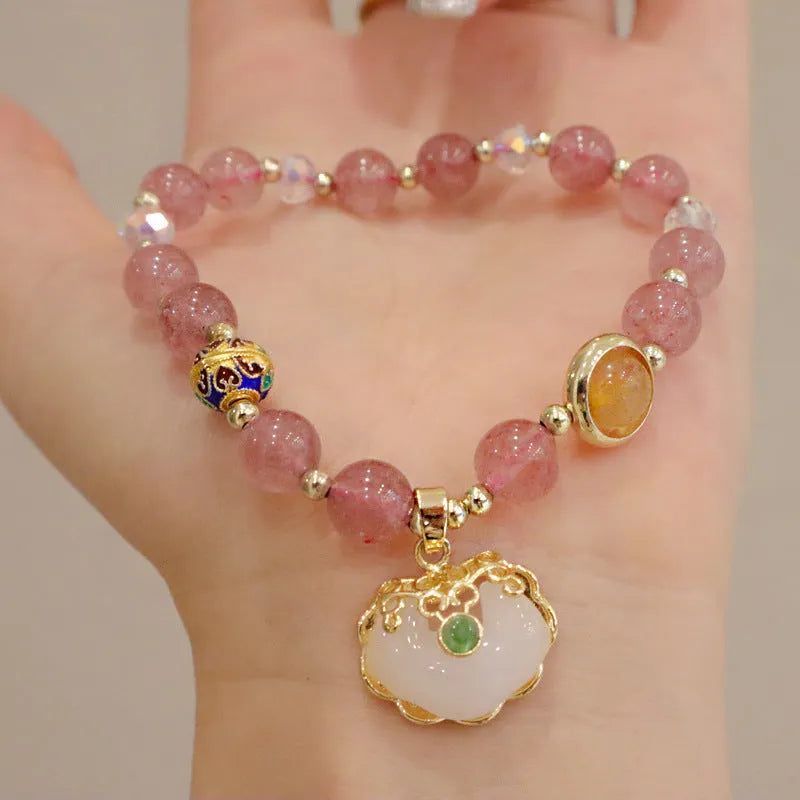 Women's geometric bracelet with grey jade and strawberry quartz options featuring three-dimensional metal ethnic decoration
