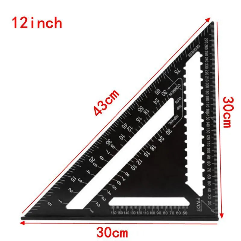 Black aluminium triangle ruler square showing 90 and 45-degree angles with measurement markings