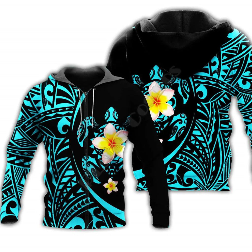 Printed hoodie with 3D turtle print and full zipper, loose fit, available in multiple sizes