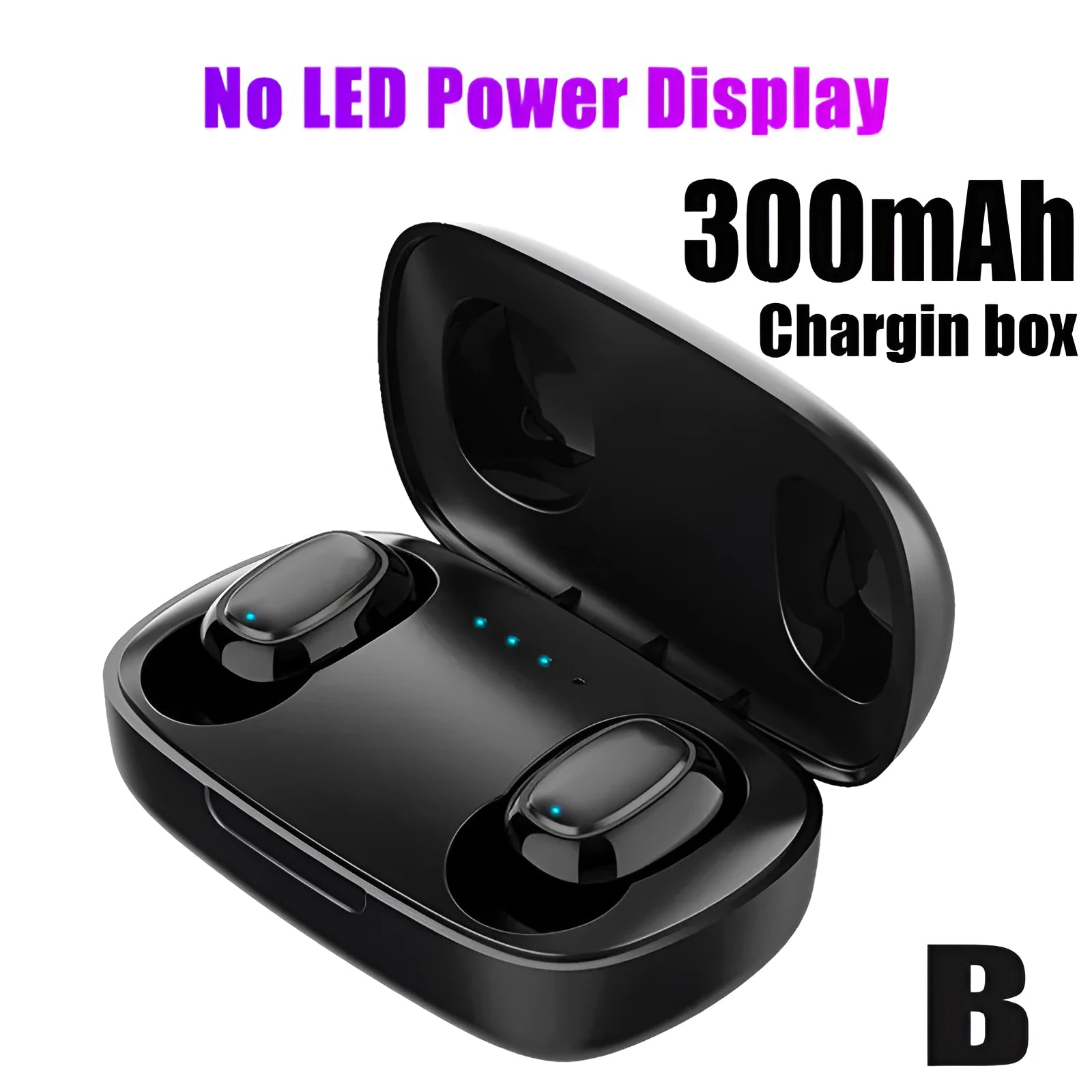 Black in-ear wireless Bluetooth earbuds in a charging case with LED battery display
