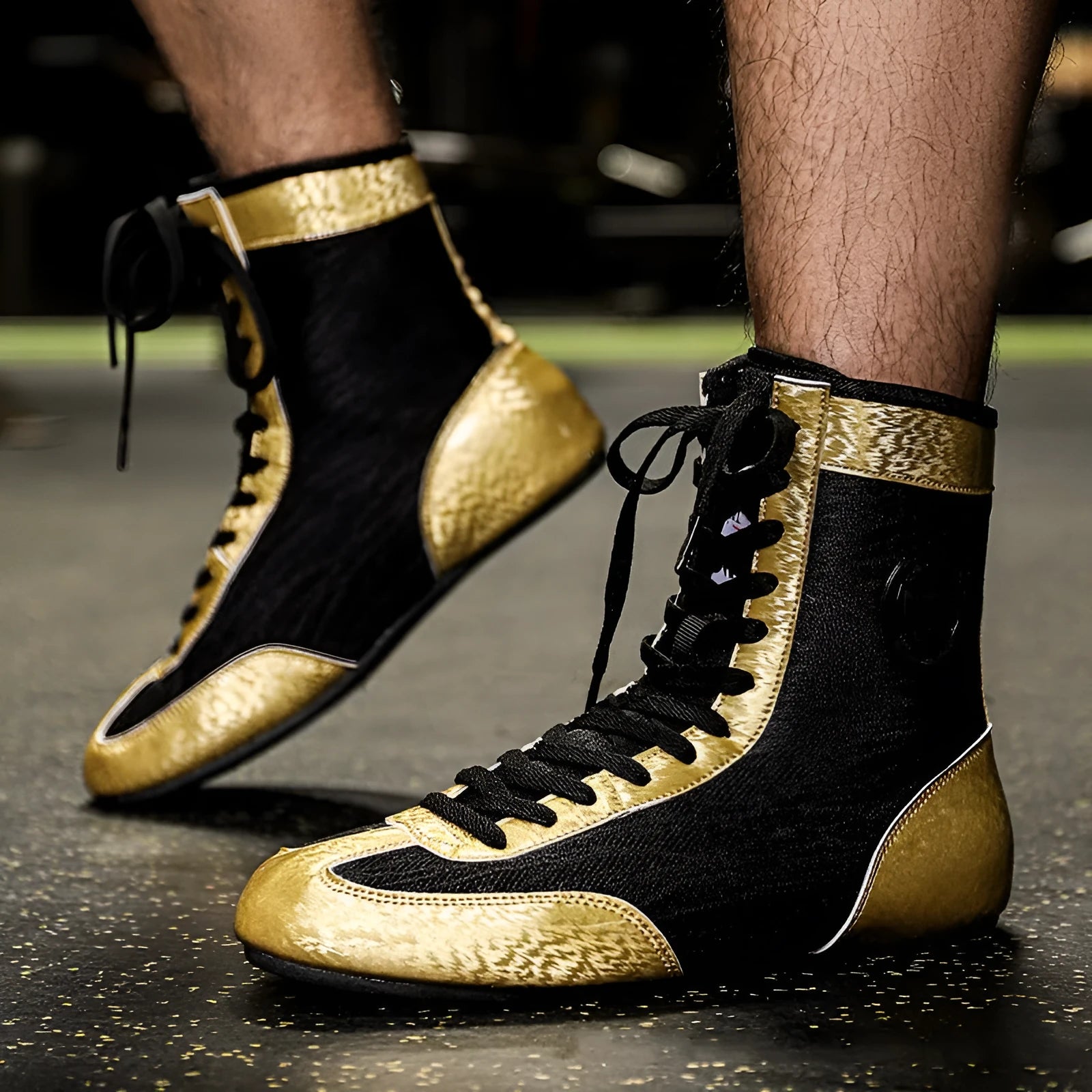 Professional black and gold mesh boxing shoes with a non-slip rubber sole for indoor training.