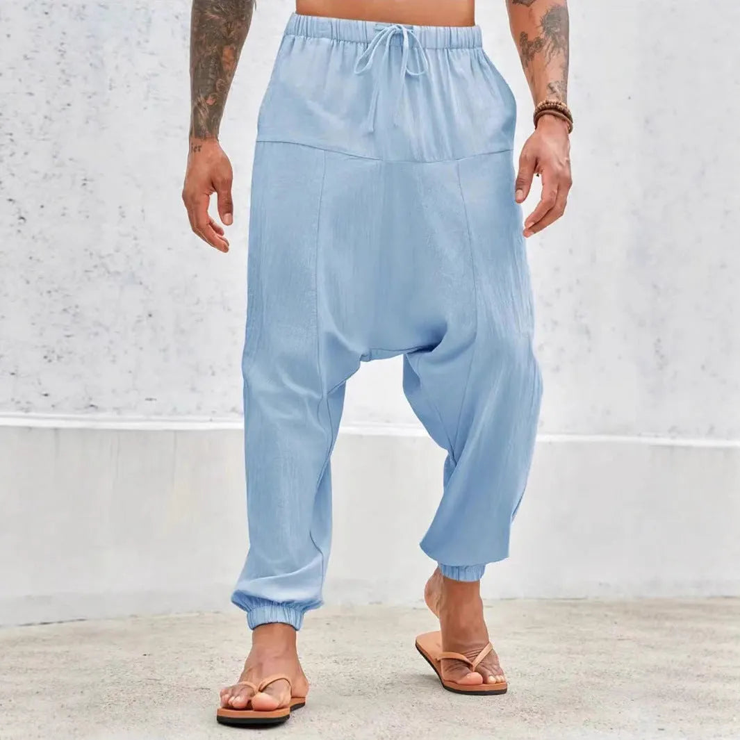 Summer breathable cuffed straight-leg cotton cargo pants in army green with drawstring waist