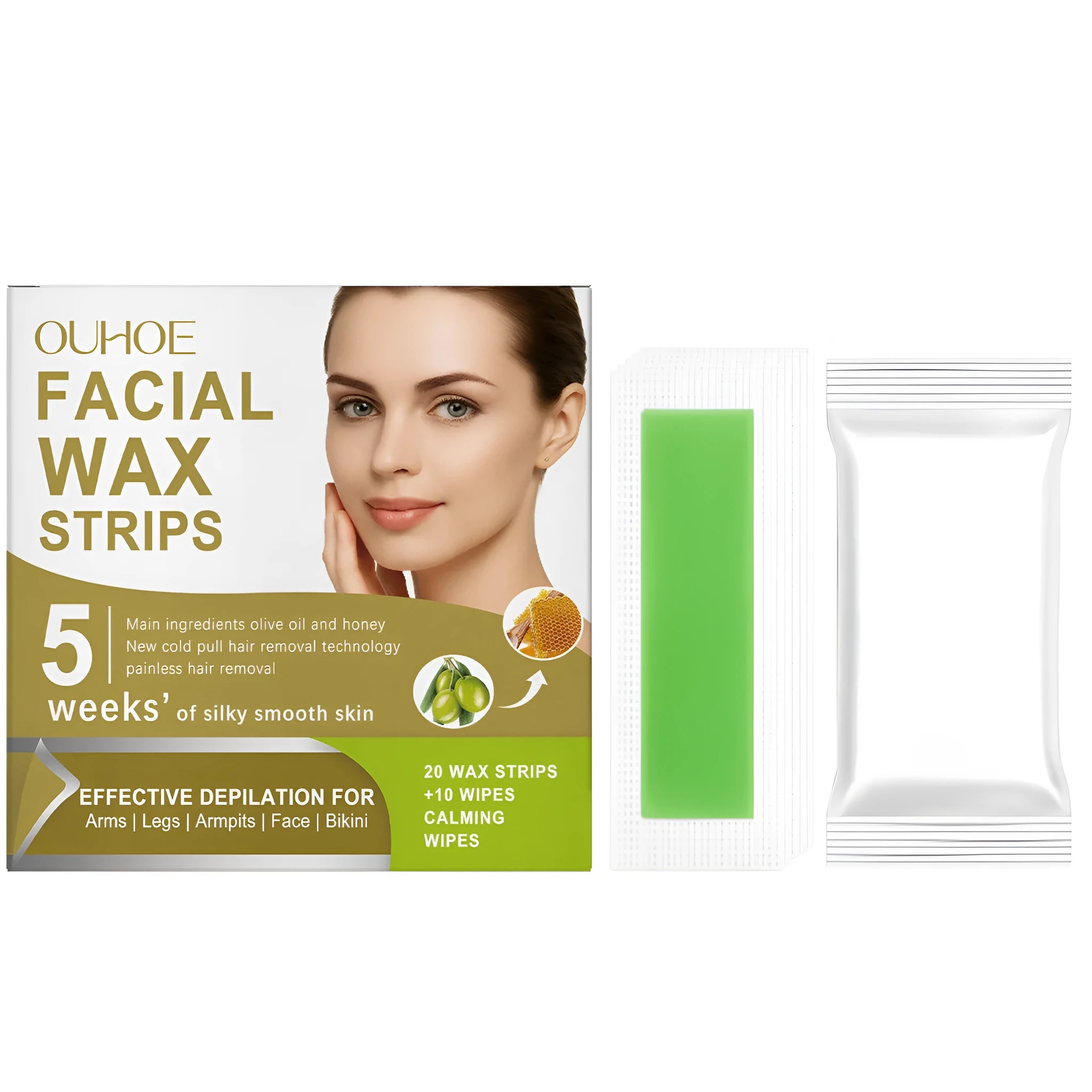 Gentle facial hair removal wax paper strips with cleansing wipes for sensitive skin