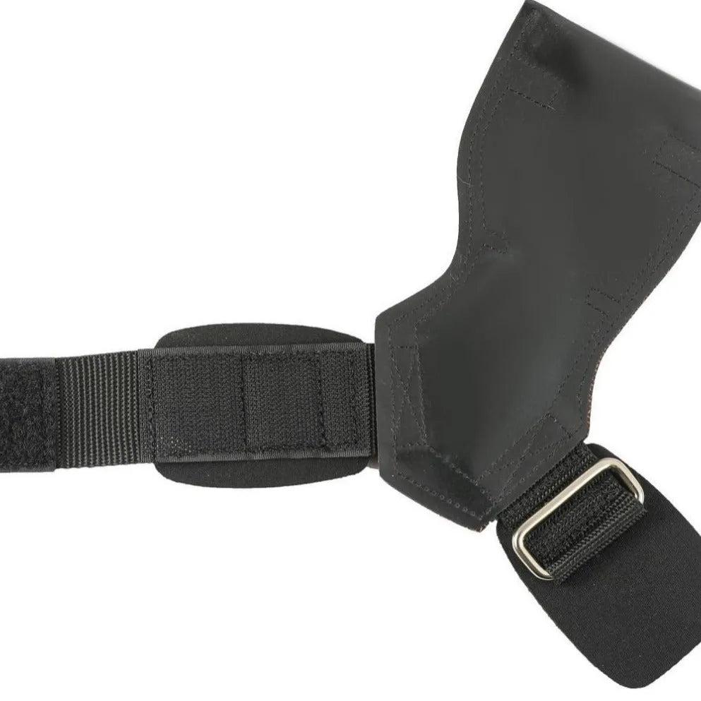 Black rubber palm protection band for weightlifting and rock climbing grip.