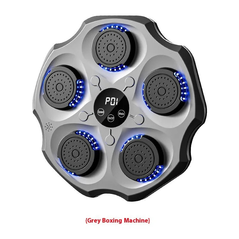 Black hanging boxing wall target with Bluetooth logo and included boxing gloves on a home wall.