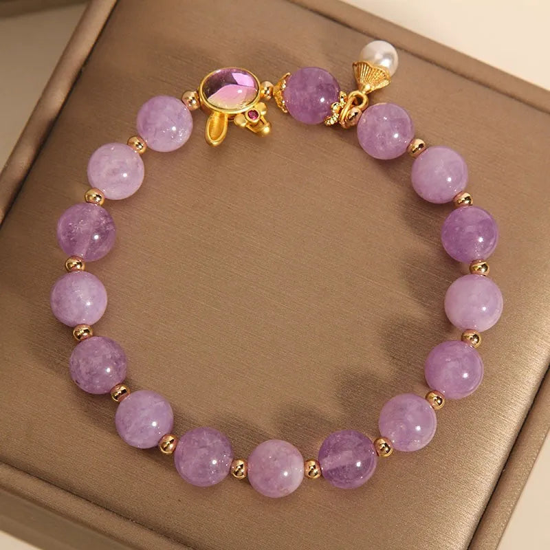 Mauve jade rabbit bracelet with crystal hare head design on adjustable wristband