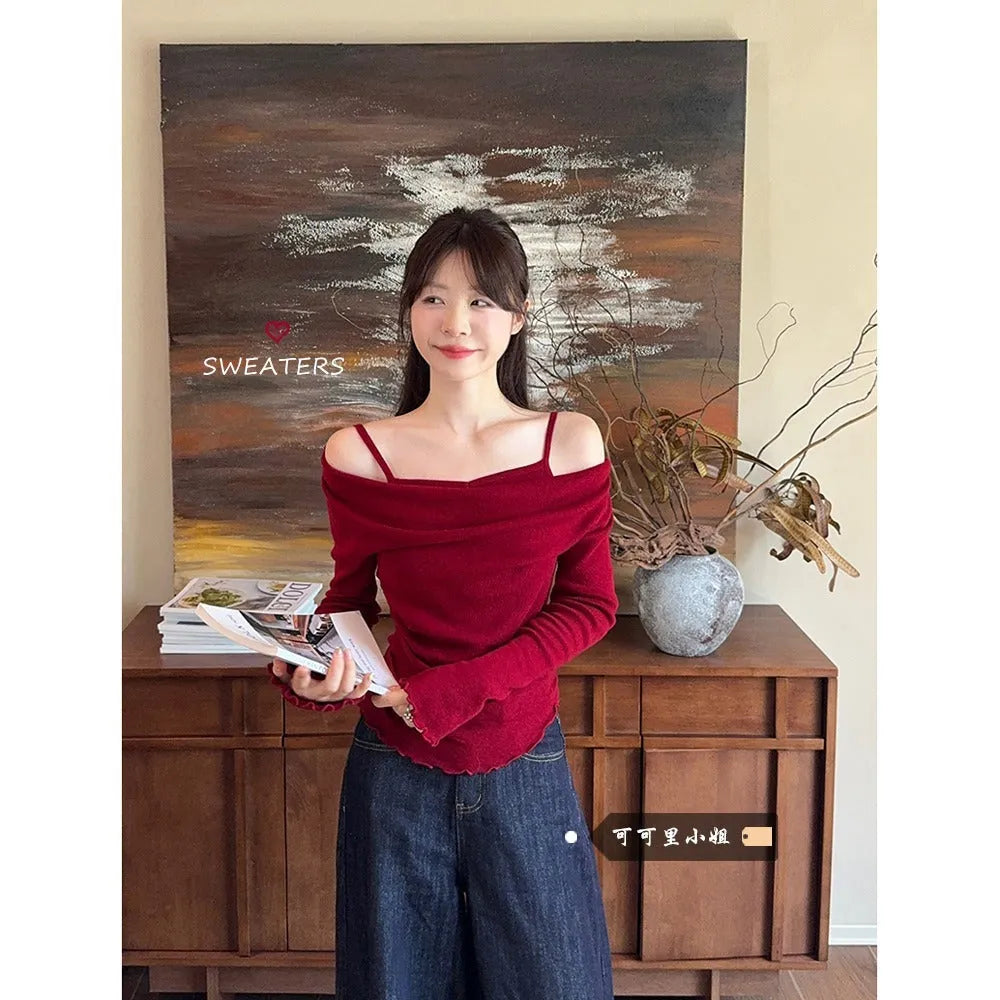 Fashion fake two-piece off-shoulder long sleeve women top in polyester with ruffle detailing, oatmeal colour