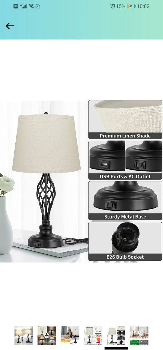European-style alloy bedside table lamp with touch controls and USB charging socket