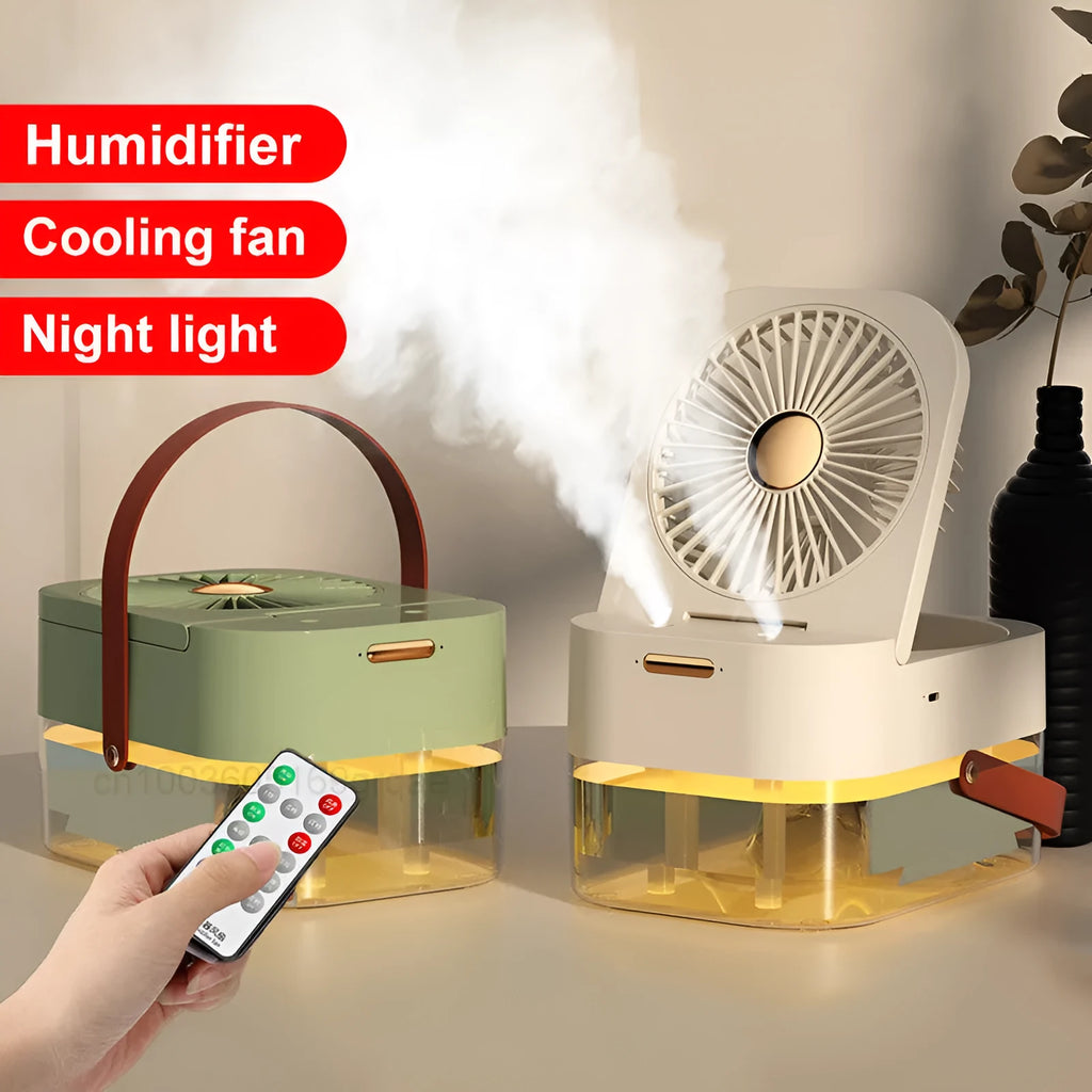 White or green USB desktop humidifier fan with remote control on a wooden desk.