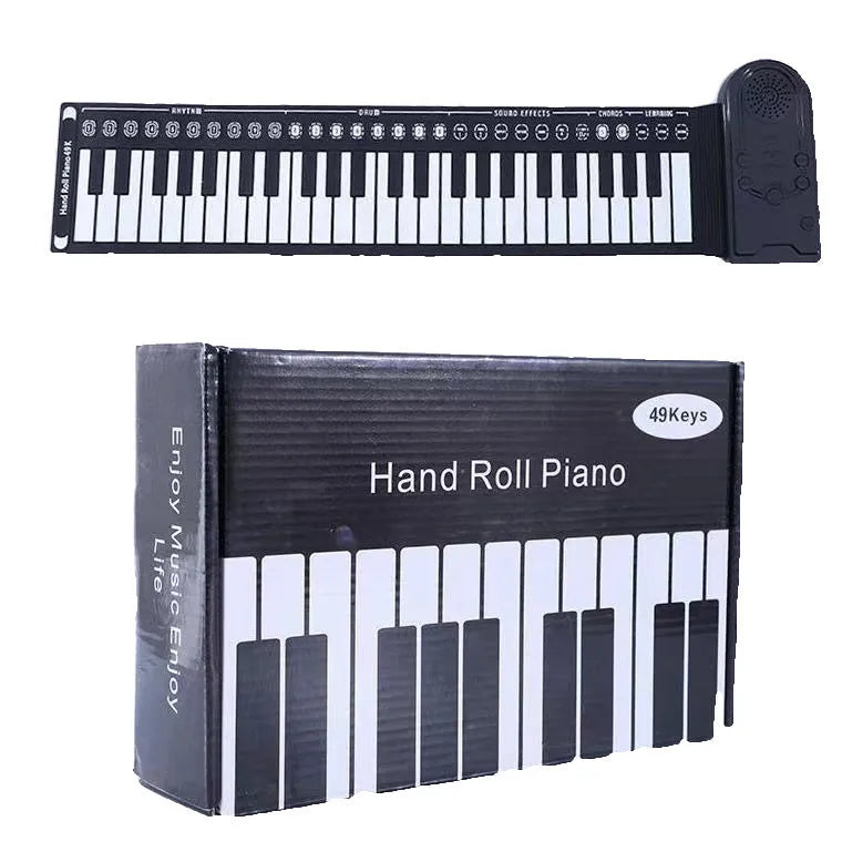 Portable folding electronic keyboard with 49 silicone rubber keys and built-in speaker in gloss black