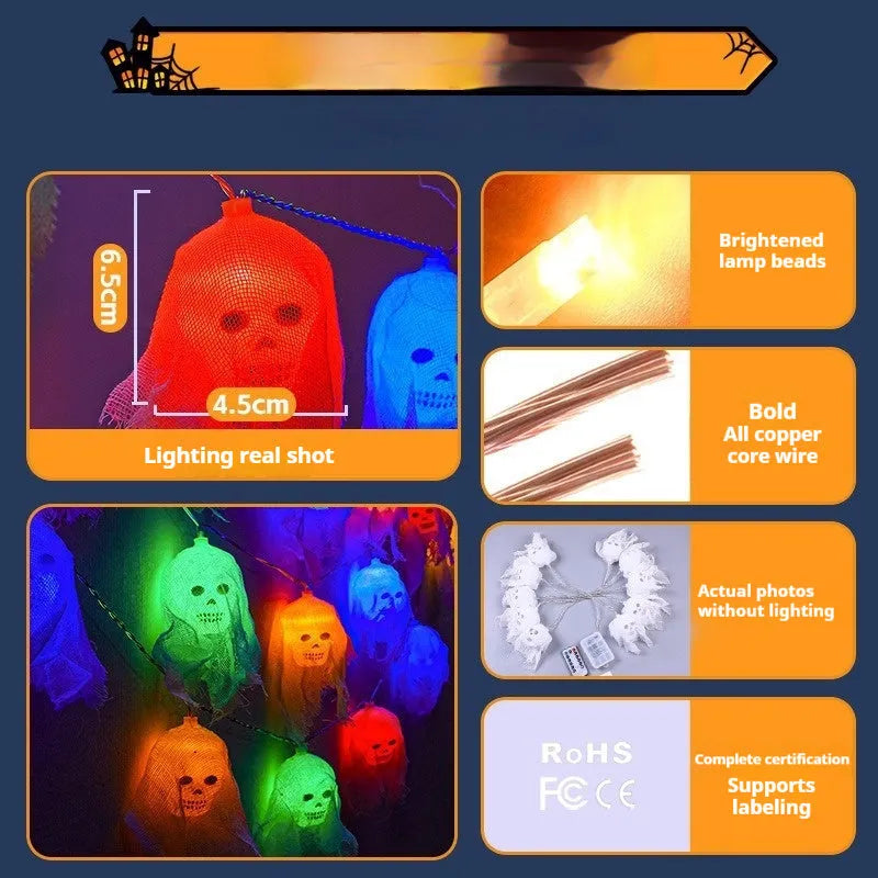 Battery-powered Halloween coloured LED string lights for indoor wall decoration.