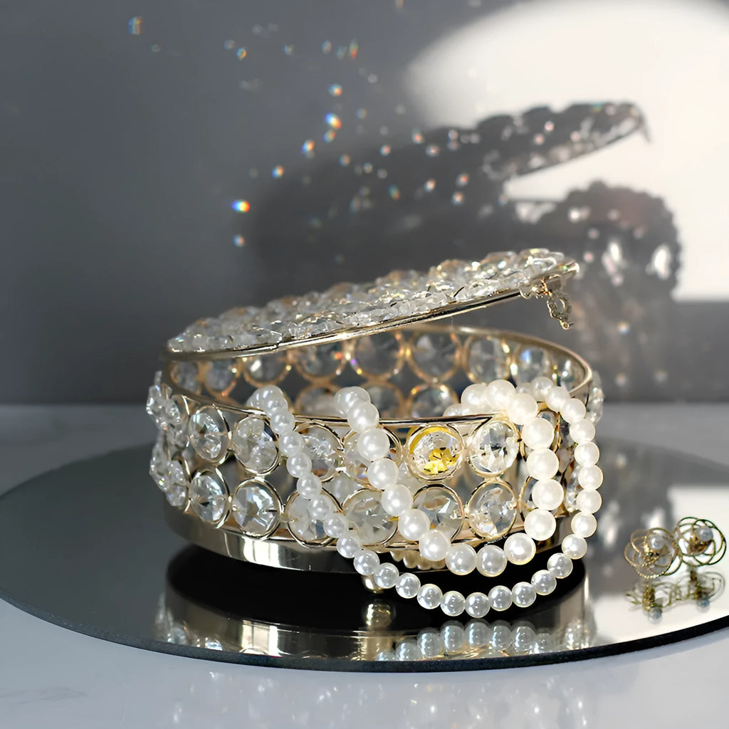 French gold iron frame crystal glass transparent jewelry storage box European style.