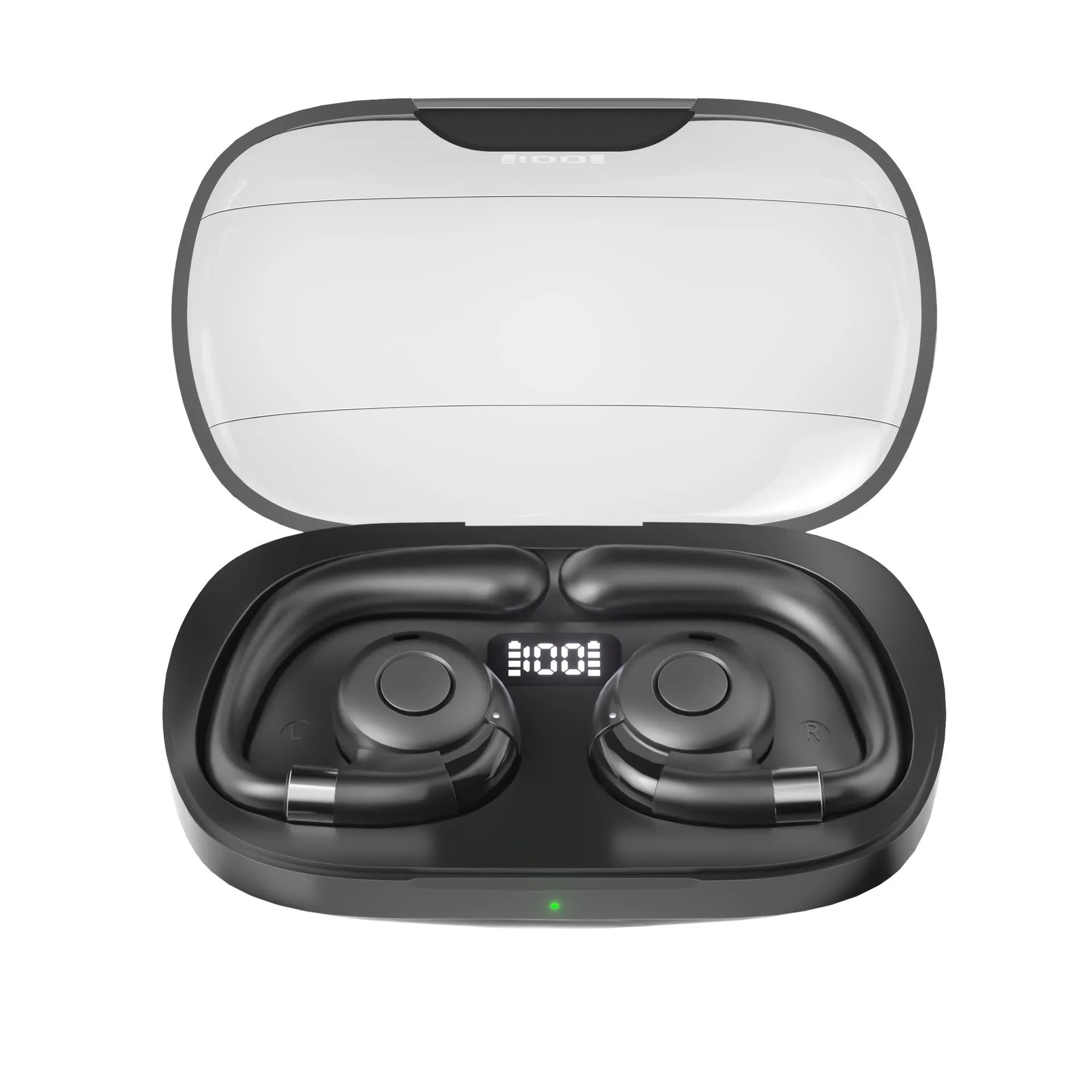 Non-entry ear-mounted wireless Bluetooth headset with digital display in black colour