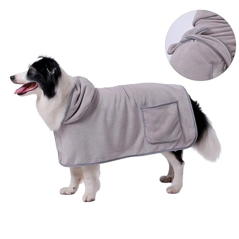 Blue microfiber dog bath robe towel with adjustable waistband wrapped around a dog.