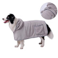 Blue microfiber dog bath robe towel with adjustable waistband wrapped around a dog.