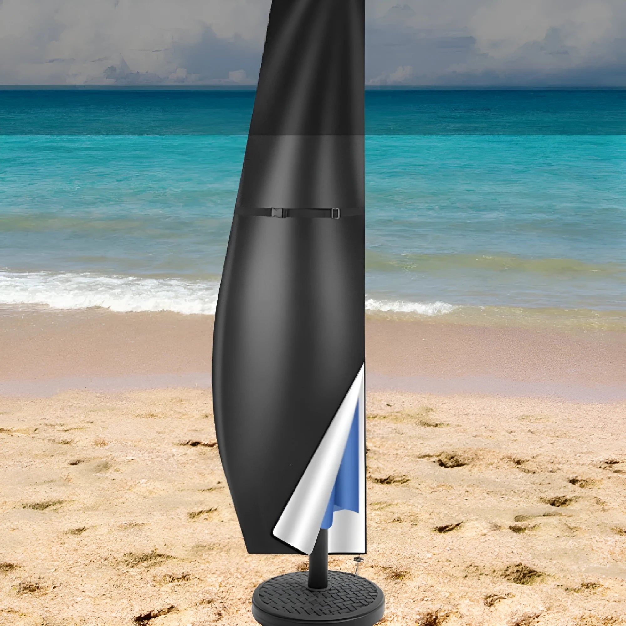 Grey waterproof Oxford cloth cover for a banana-shaped outdoor patio umbrella.