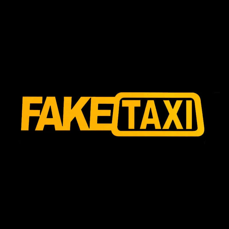 Yellow 'FAKE TAXI' waterproof PET car warning sticker measuring 20cm by 8cm.
