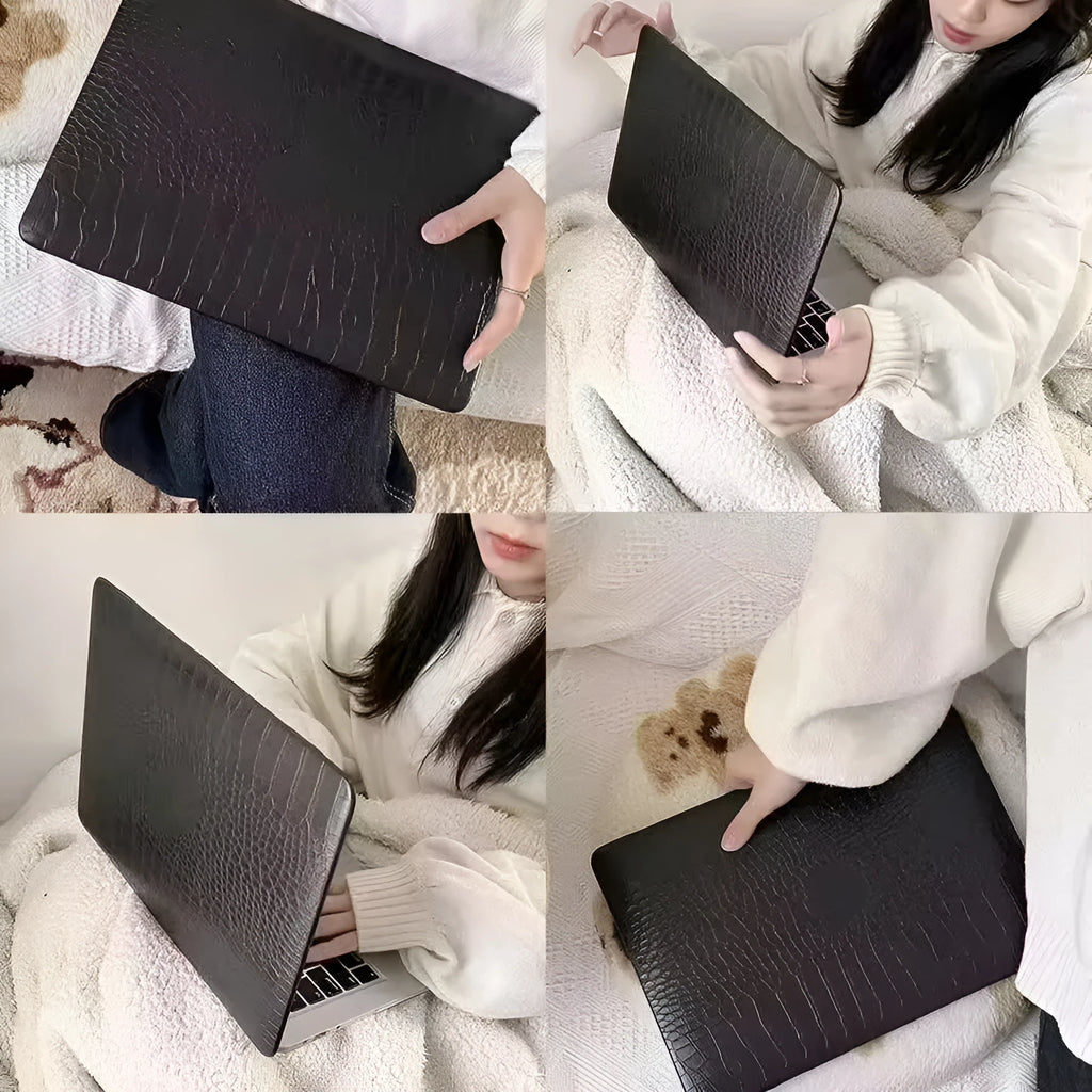 MacBook laptop case in soft pink with a textured crocodile pattern and a hollowed-out Apple logo on the lid.