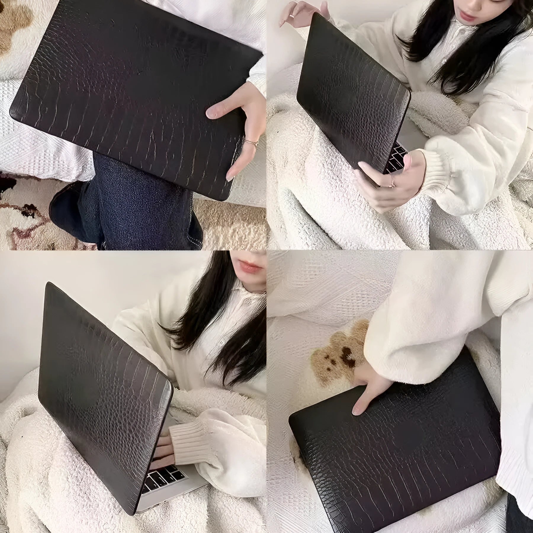 MacBook laptop case in soft pink with a textured crocodile pattern and a hollowed-out Apple logo on the lid.