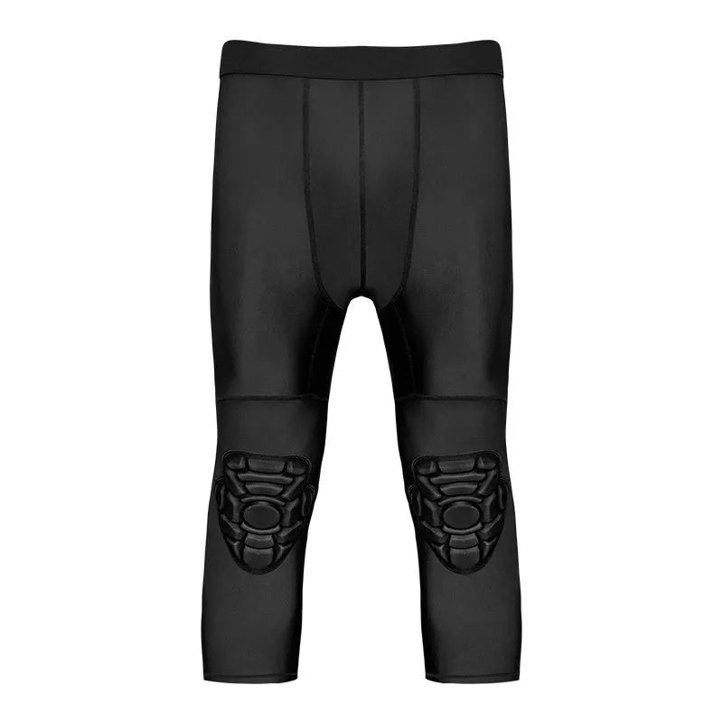 Basketball cropped pants with integrated knee pad anti-collision leggings for men black Lycra polyester mid waist