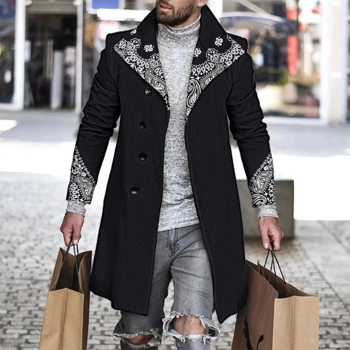 Men's 3D digital print woolen lapel jacket in single-breasted style, 70% polyester blend