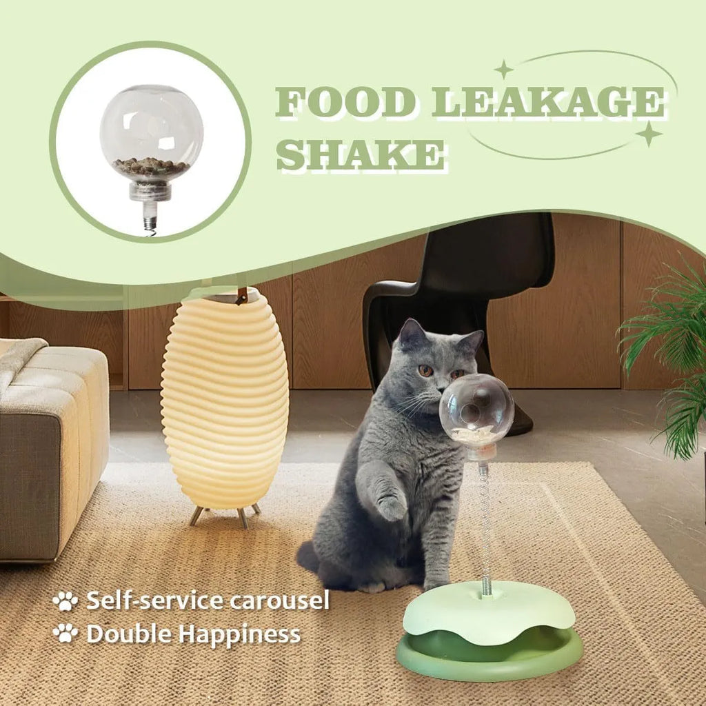 Blue and green cat treat dispenser toy with track ball, a slow feeder puzzle for indoor cats.