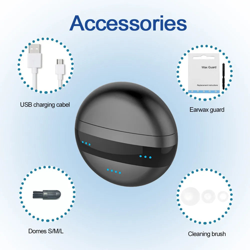 C700 digital in-ear hearing aid with charging case and accessories for severe hearing loss