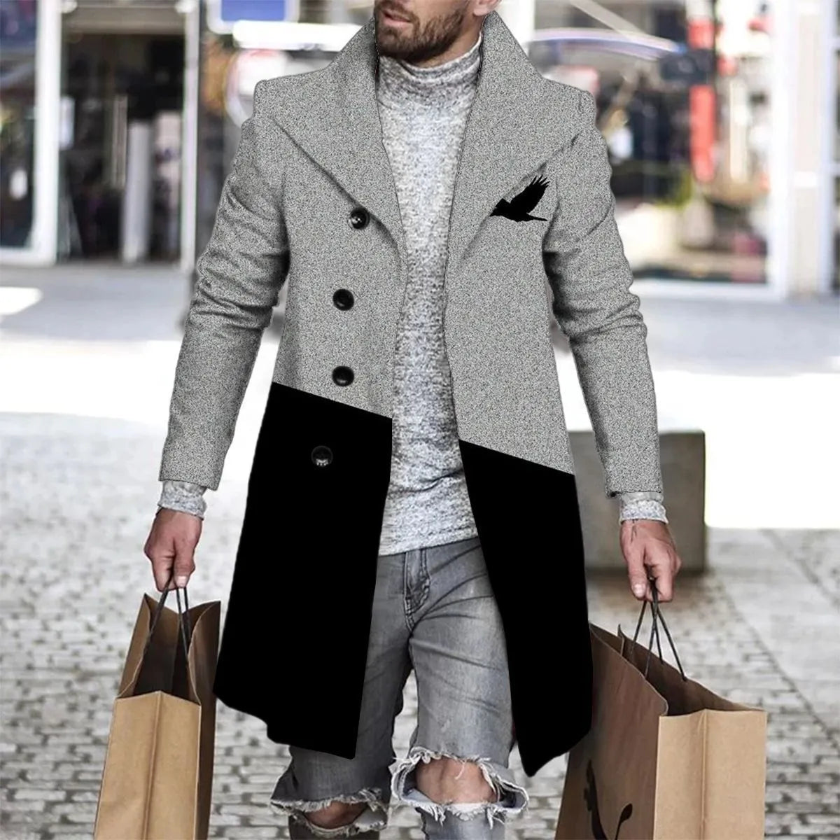 Men's 3D digital print woolen lapel jacket in single-breasted style, 70% polyester blend
