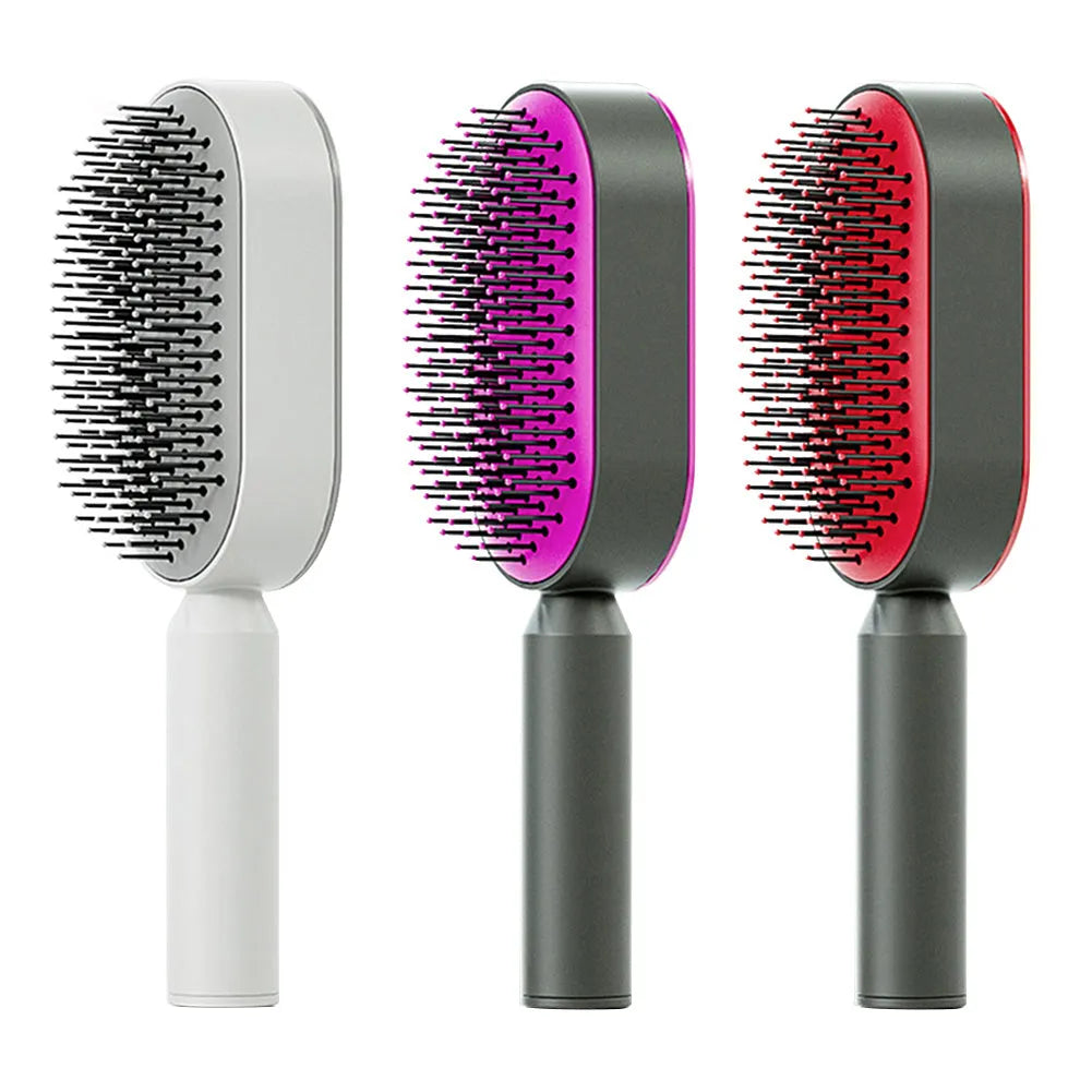 Self cleaning hair brush with one-key cleaning button and air cushion massage design in various colour options