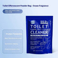 Box and bag of toilet bubble powder descaler cleaner in blue and pink fragrance options.