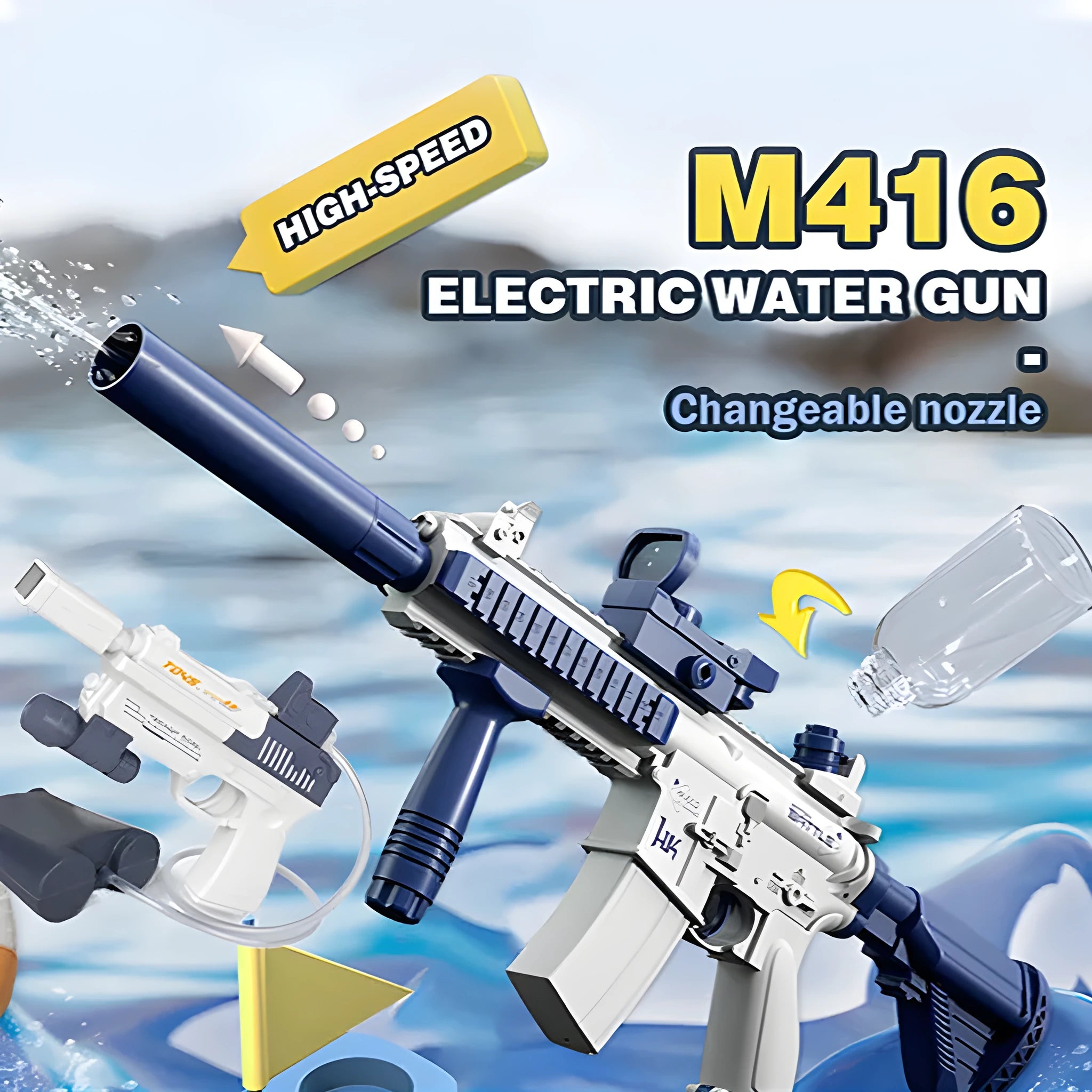 Blue automatic electric water gun toy with USB charging port