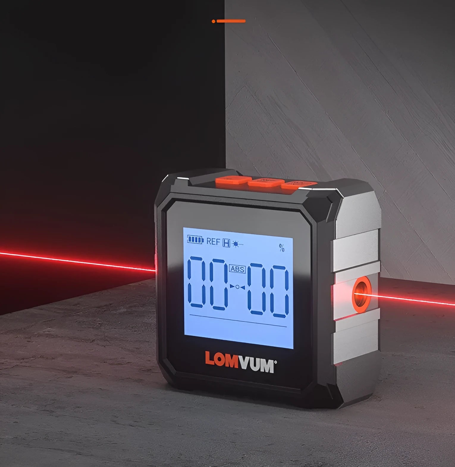 Longyun digital laser tape measure with black alloy casing, backlit display, and magnetic strips on the back.