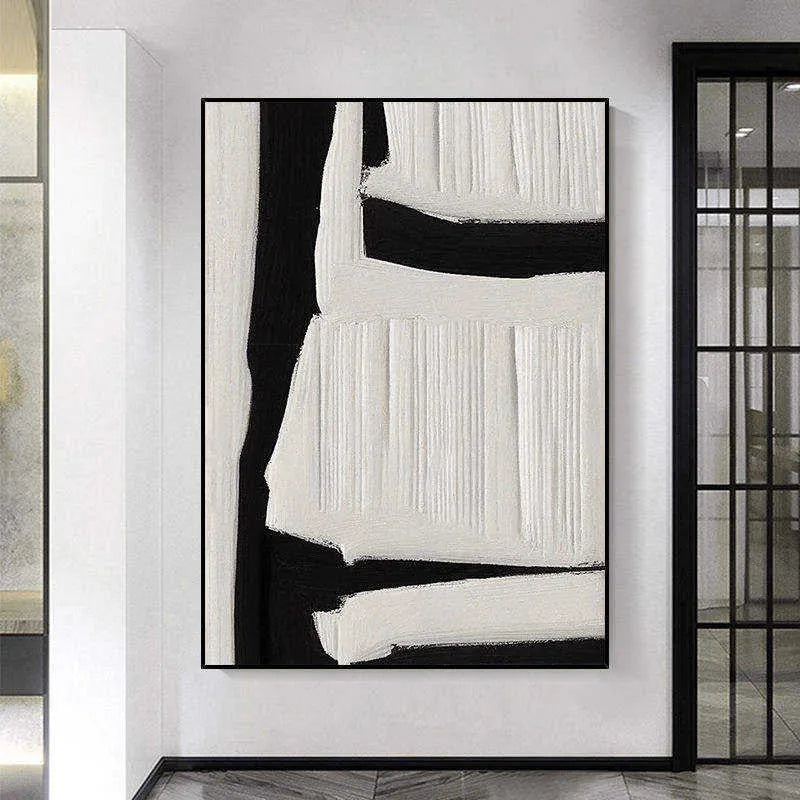 Large abstract hand-painted oil painting on canvas in black, white and beige tones with textured surface