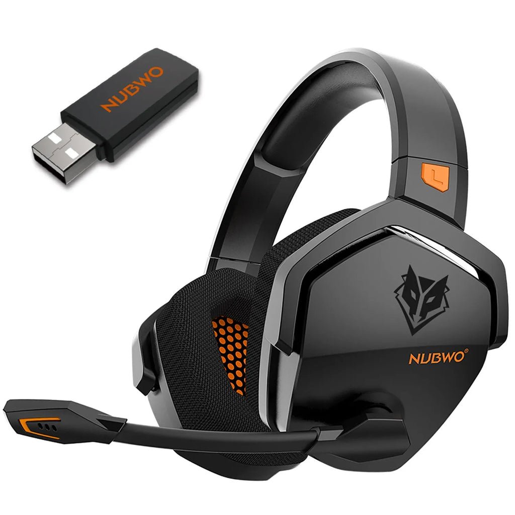 Black orange wireless gaming headset with head-mounted design and dual USB/Bluetooth connectivity