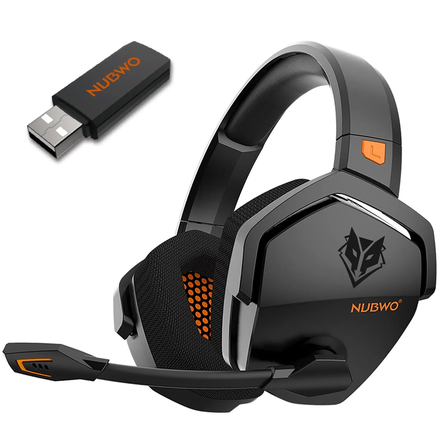 Black orange wireless gaming headset with head-mounted design and dual USB/Bluetooth connectivity