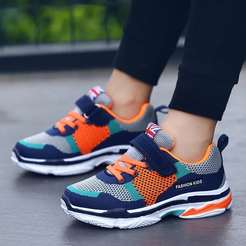 Children's mesh breathable running shoes with Velcro fastening in Pink, Grey Orange, and Royal Blue Grey colours