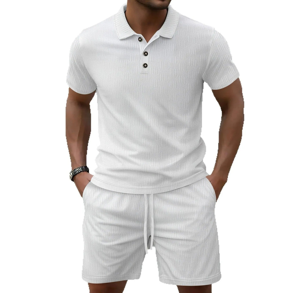 Men's light grey jacquard short sleeve casual suit with matching shorts on a hanger.
