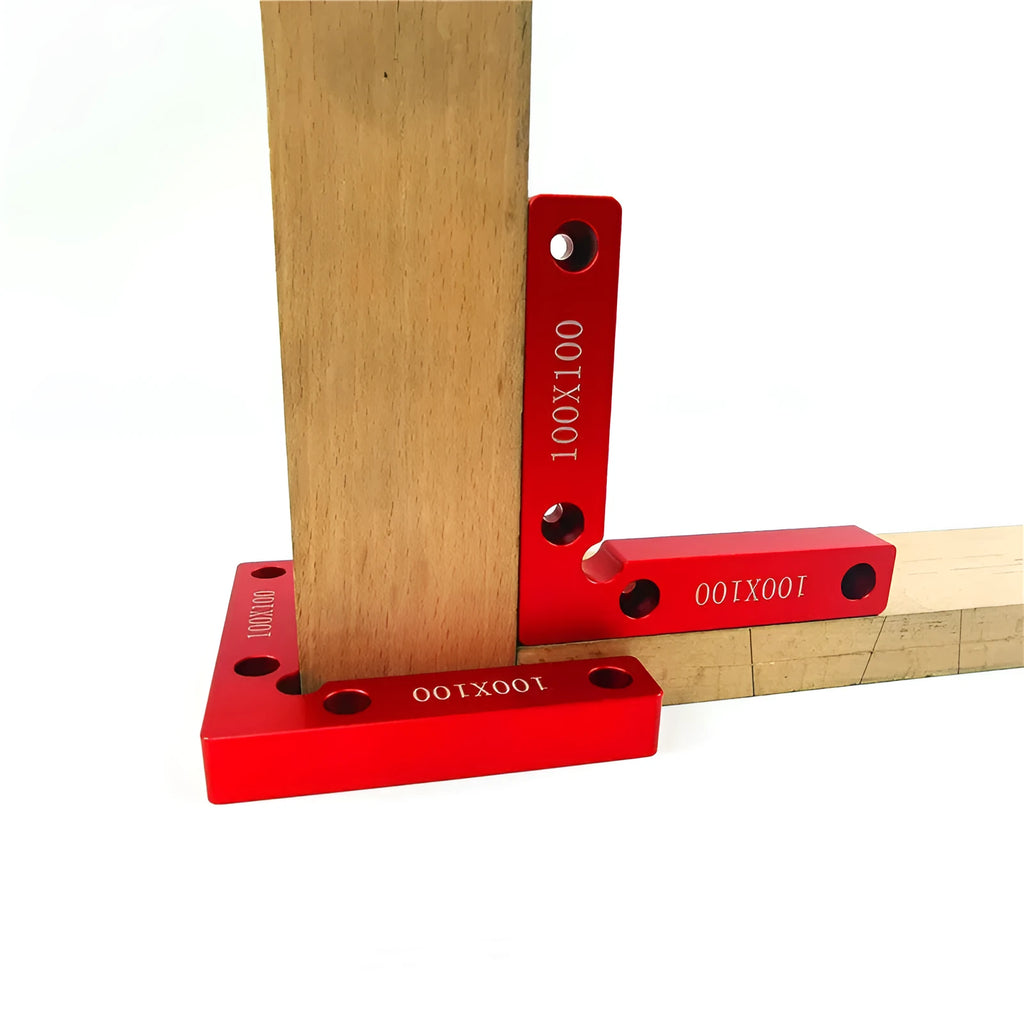 Machined aluminium right angle positioning block with measurement scales for woodworking jigs.