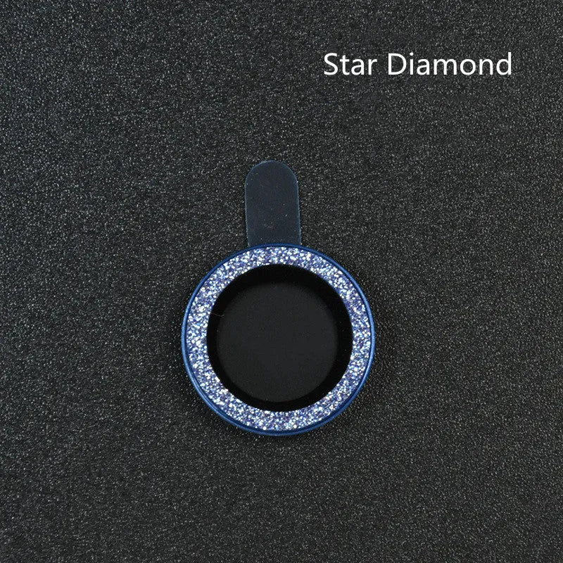 Close-up of a diamond lens protective film with aluminium ring for iPhone 12 Pro Max in silver.