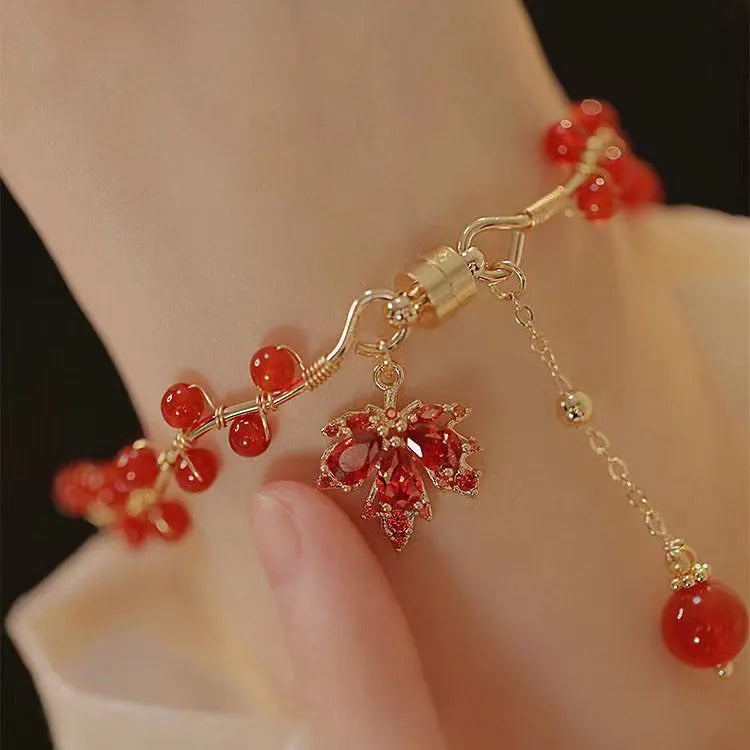 Red ginkgo leaf Chinese style magnetic bracelet with maple leaf girl design and electroplated alloy construction
