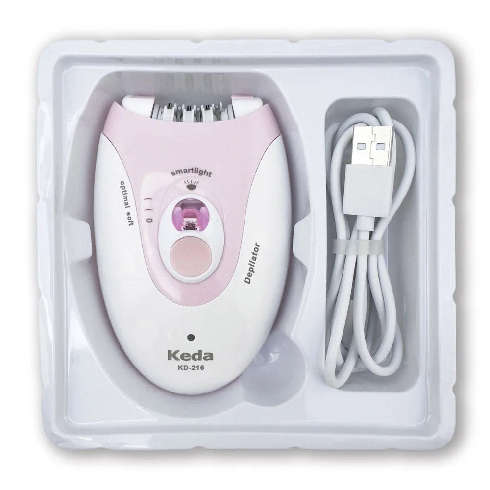 KEDA-216 coloured USB electric epilator for body hair removal with included charger and cleaning brush