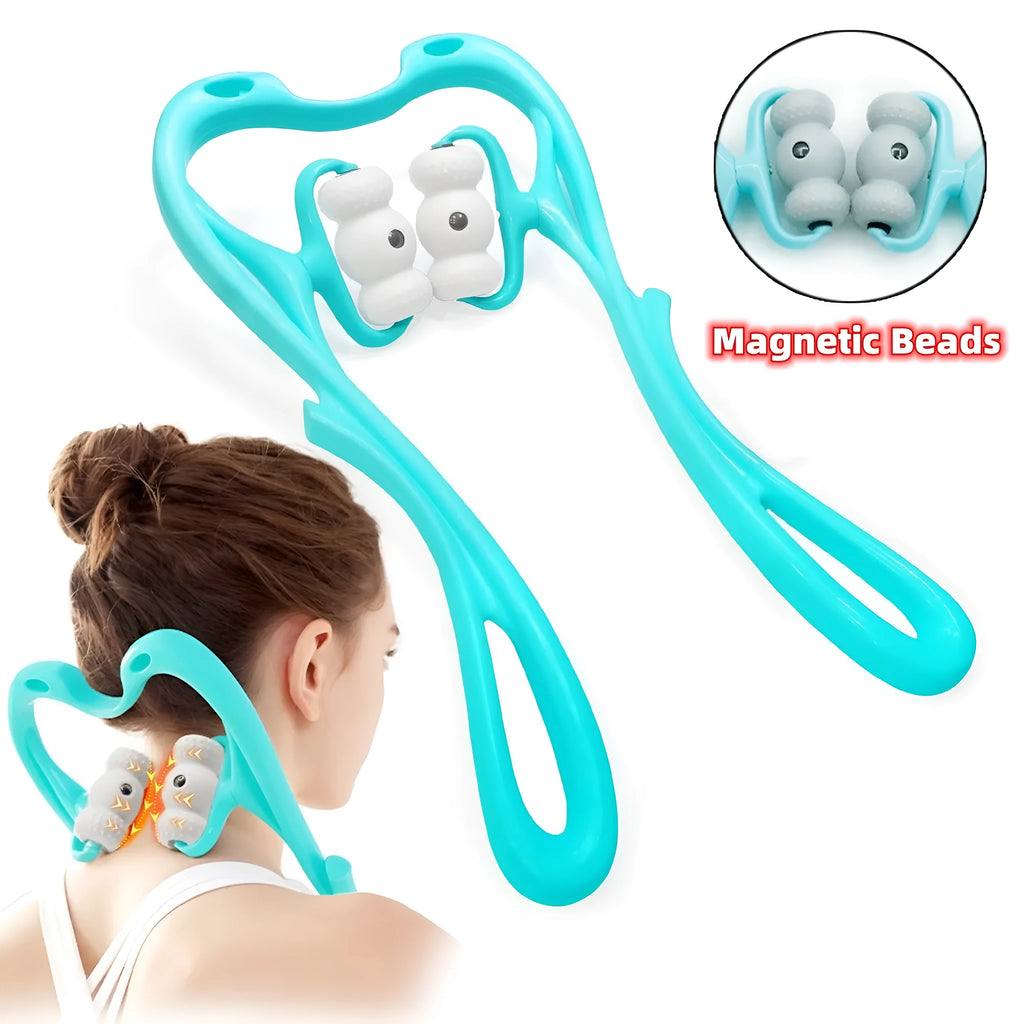 Blue handheld neck massager with rotating head showing pressure point nodes
