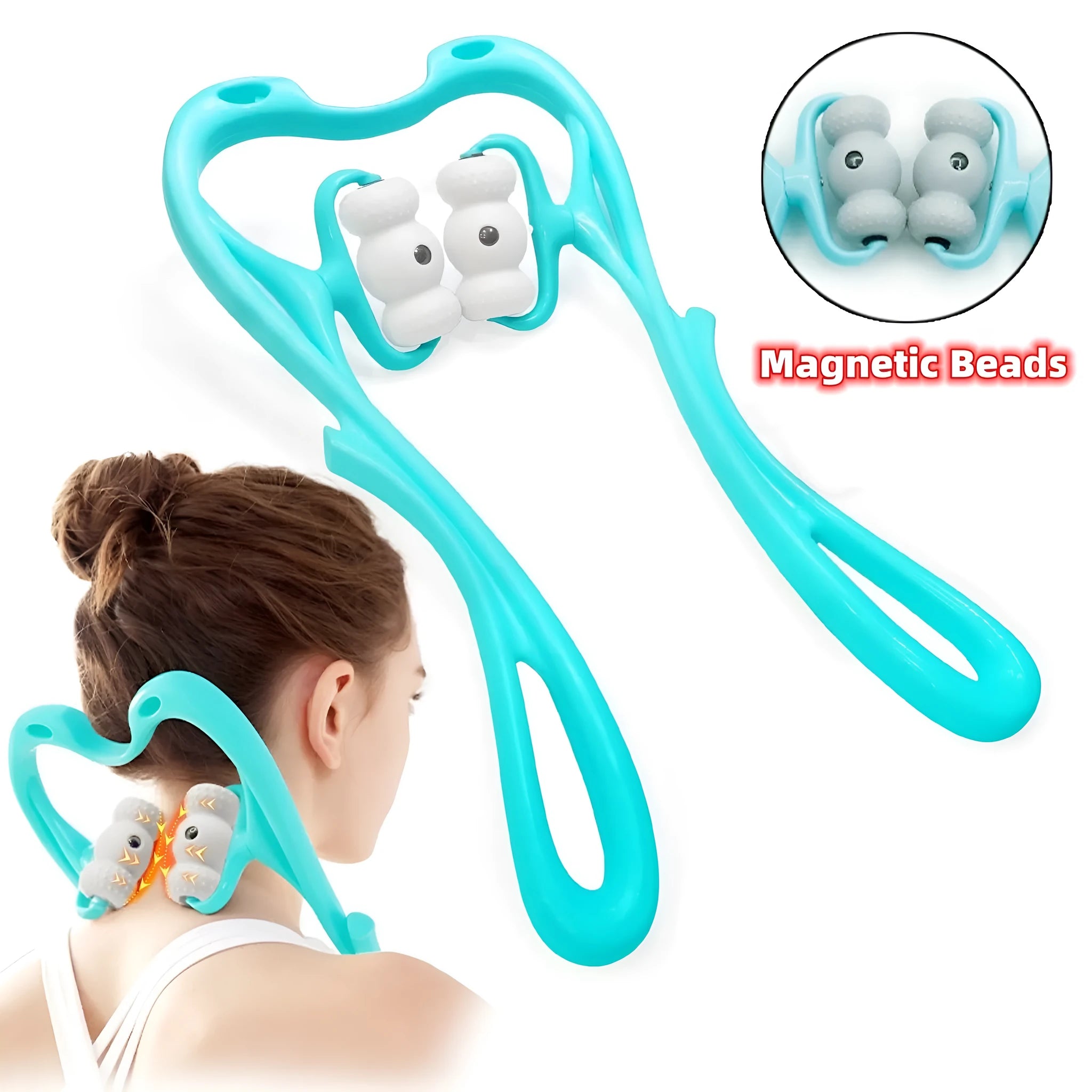 Blue handheld neck massager with rotating head showing pressure point nodes